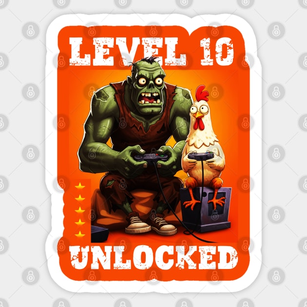 Level 10 Unlocked, Birthday - Zombie And Chicken #2 Sticker by Megadorim